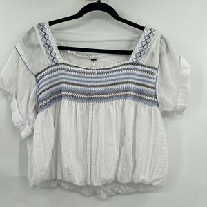 Free People Women's White Square Neck Smocked Short-Sleeve Top Size M
